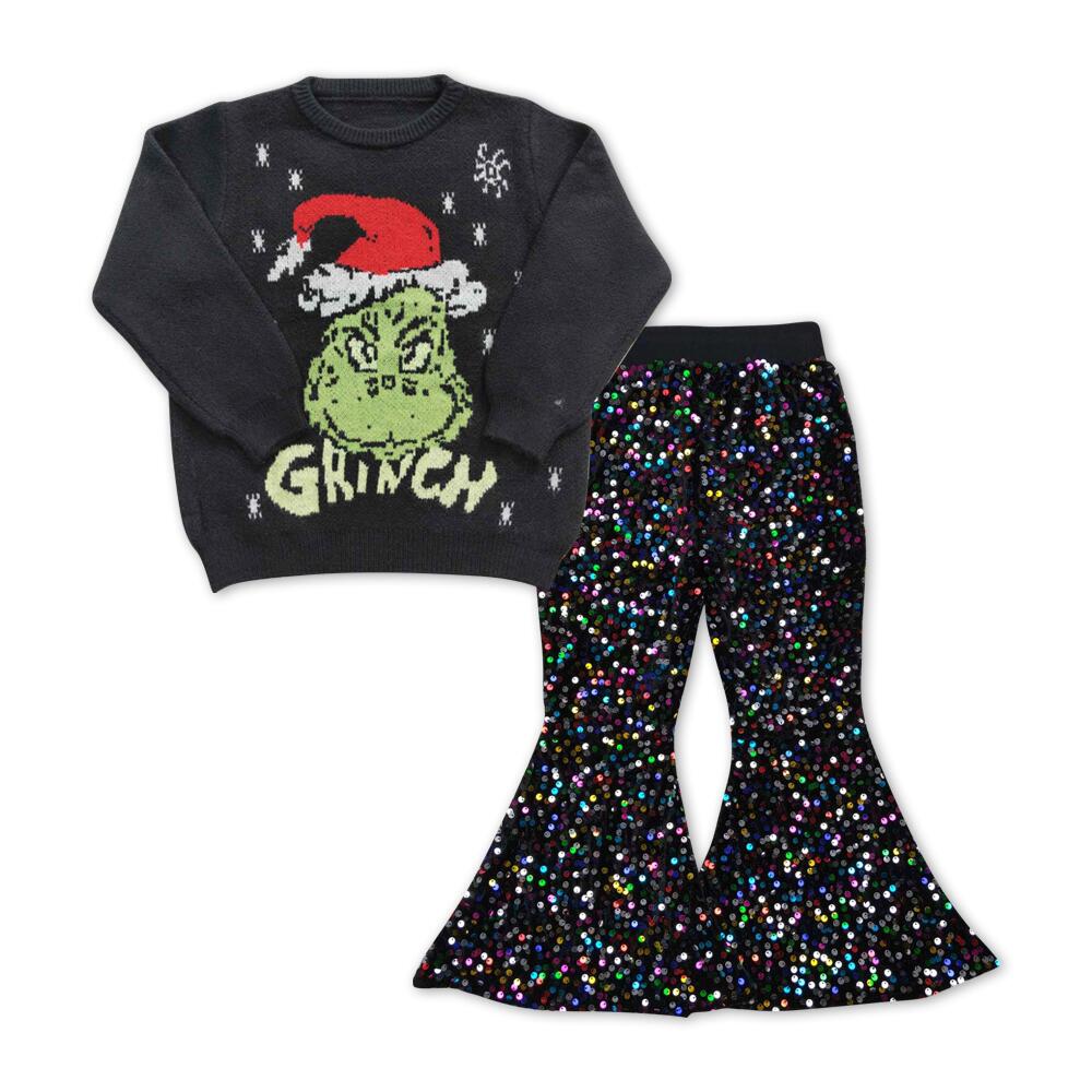 GT0188 Christmas grinch black sweater+P0329 Colorful sequined black trousers