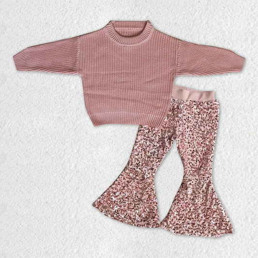 GT0036 pink sweater top+E2-28 Pink sequined flared pants