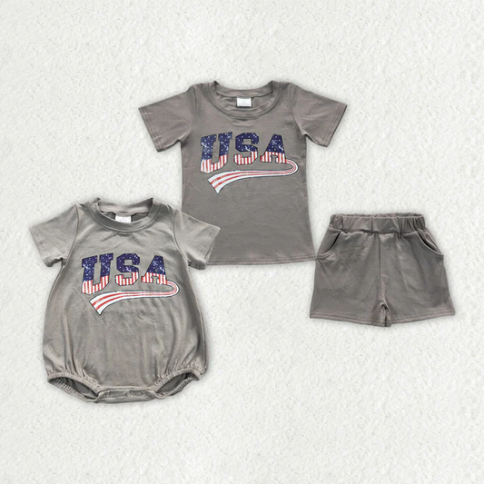 RTS Baby Kids USA 4th of July Grey Sibling Rompers Shorts Sets