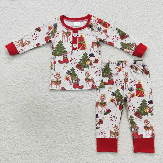 BLP0250 Snowman Fawn Christmas Tree Red Long Sleeve Pants Suit