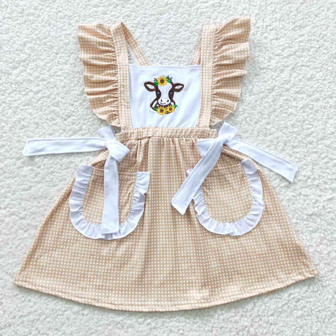 GSD0299 Girls Embroidered Cow Sunflower Pocket Tank Dress