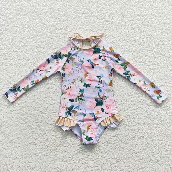 RTS NO MOQ Baby Girls Summer Long Sleeve Flowers One Pieces Swimsuits