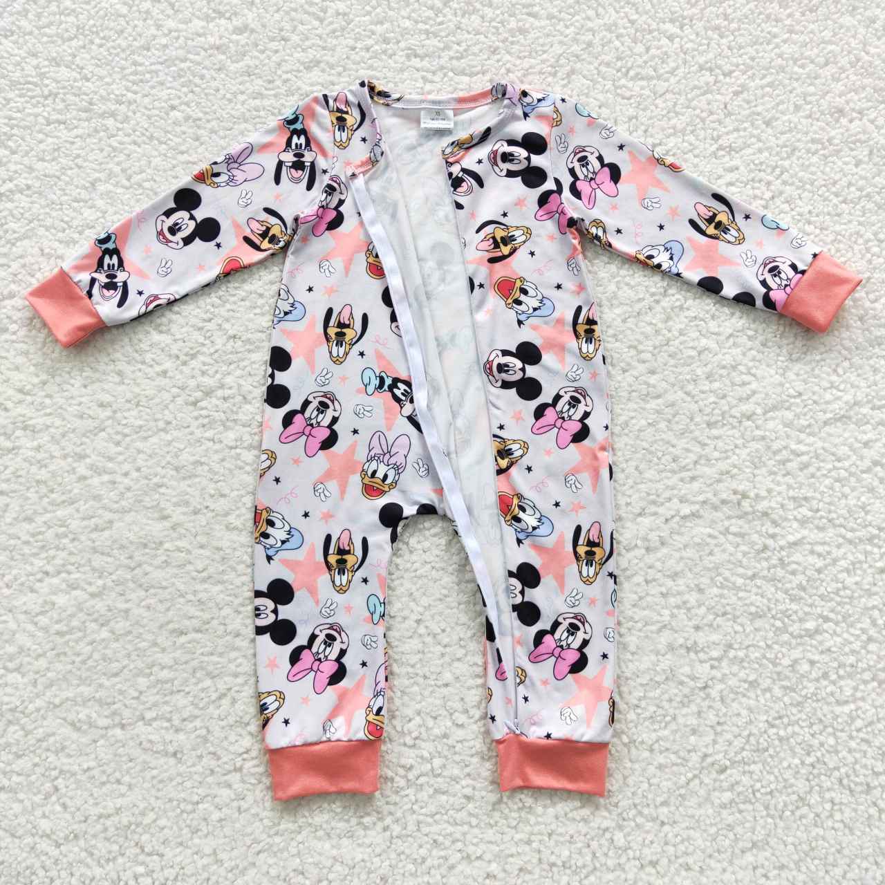 LR0298 Cartoon Mickey Print Pink Zipper Long Sleeve Bodysuit