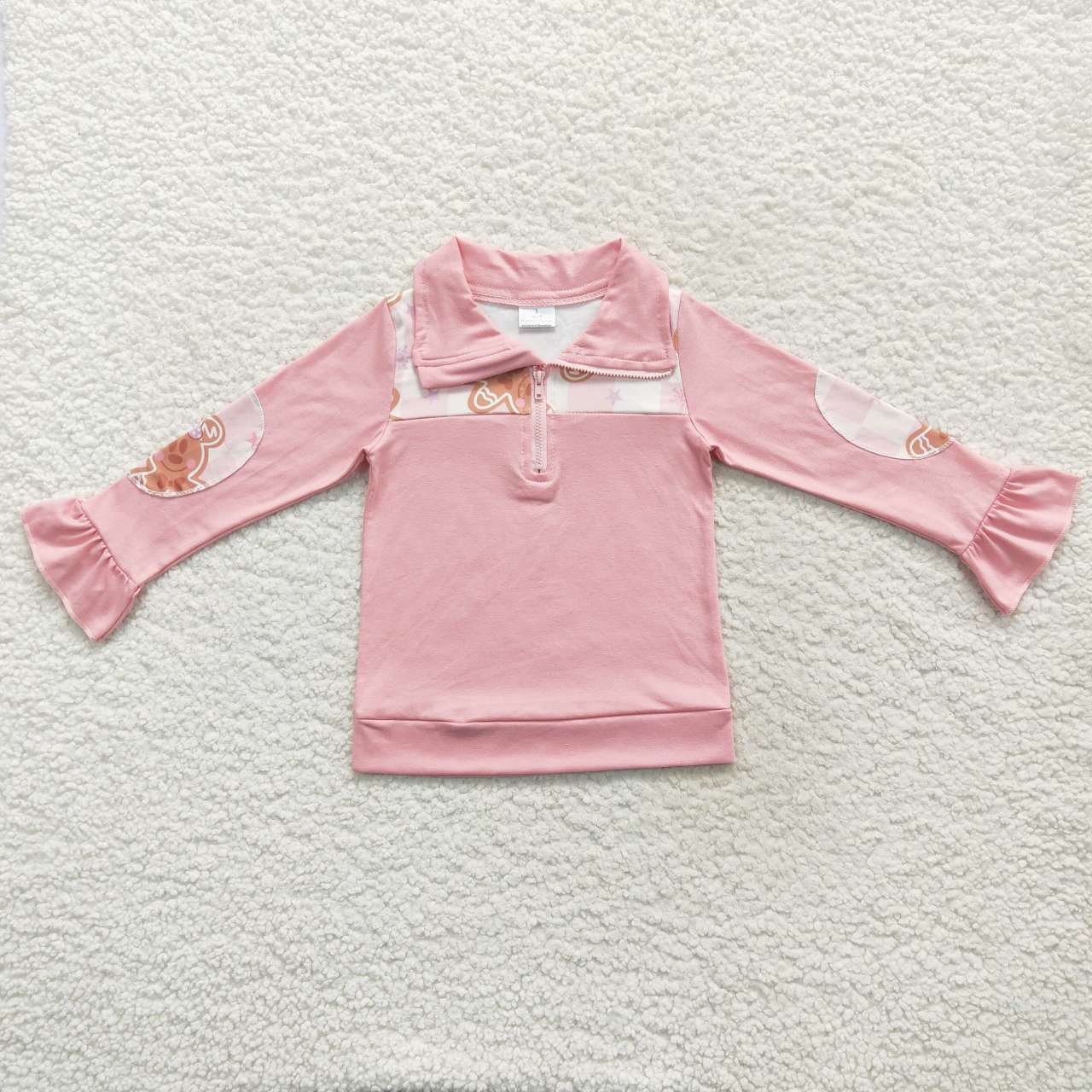 GT0218 Cartoon Mickey Gingerbread Man Pink and White Zipper Long Sleeve Top