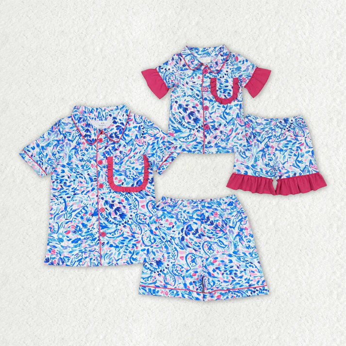 RTS Mommy and Me Water Paisley Ruffle Shirt Shorts Pajamas Clothes Sets