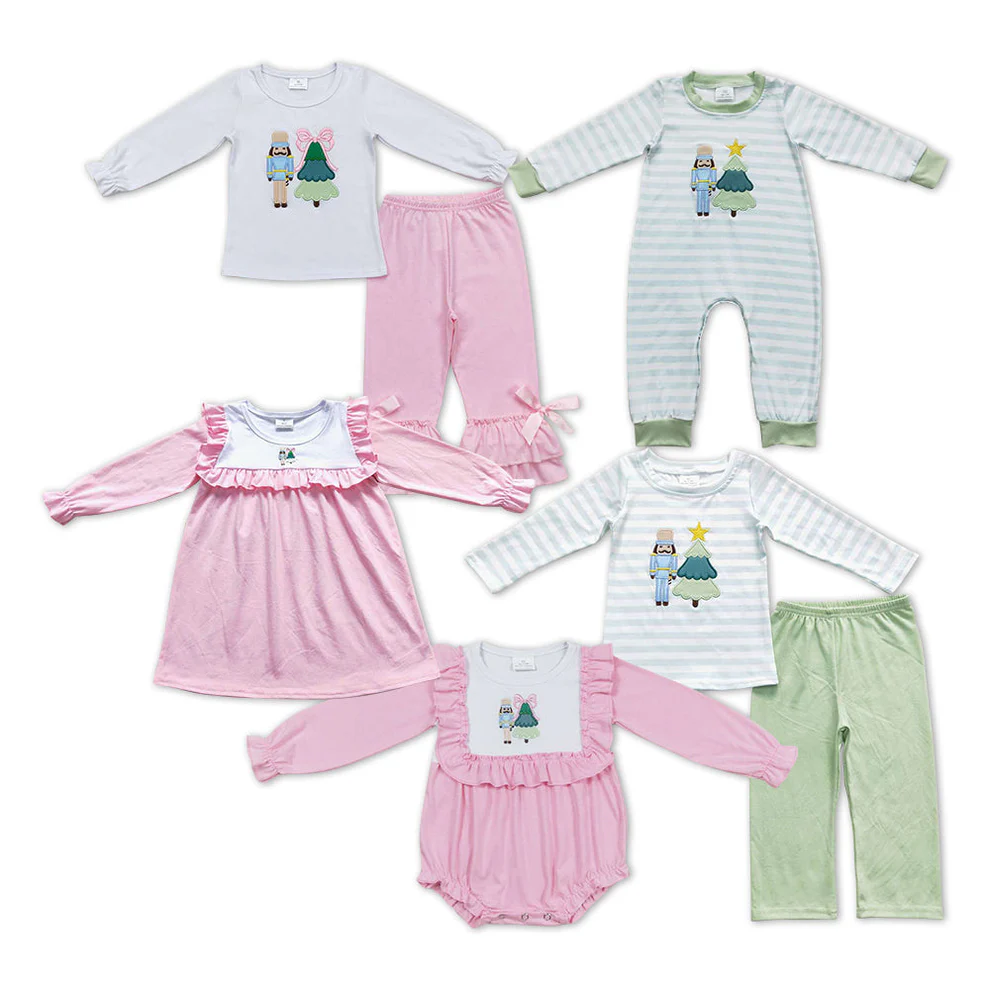 RTS NO MOQ Christmas Sibling Soldier Tree Outfit Dress and Romper Christmas embroidery