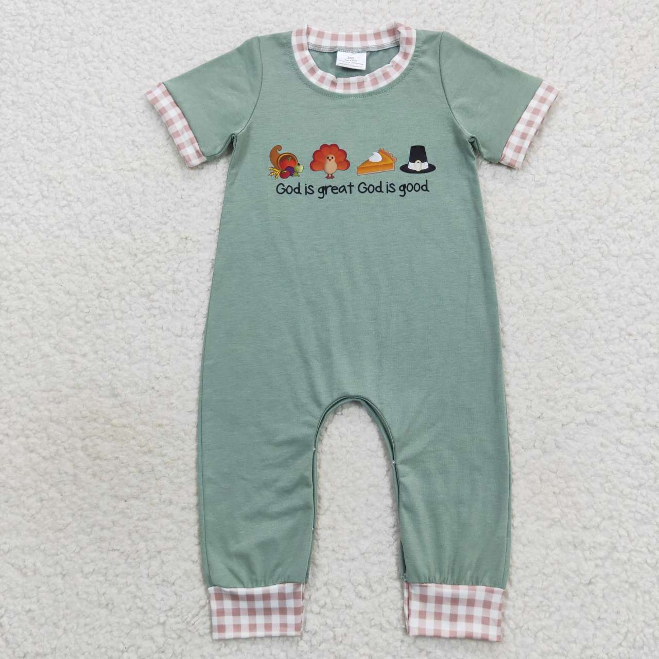 SR0439 god is great offset printed turkey plaid green short sleeve jumpsuit