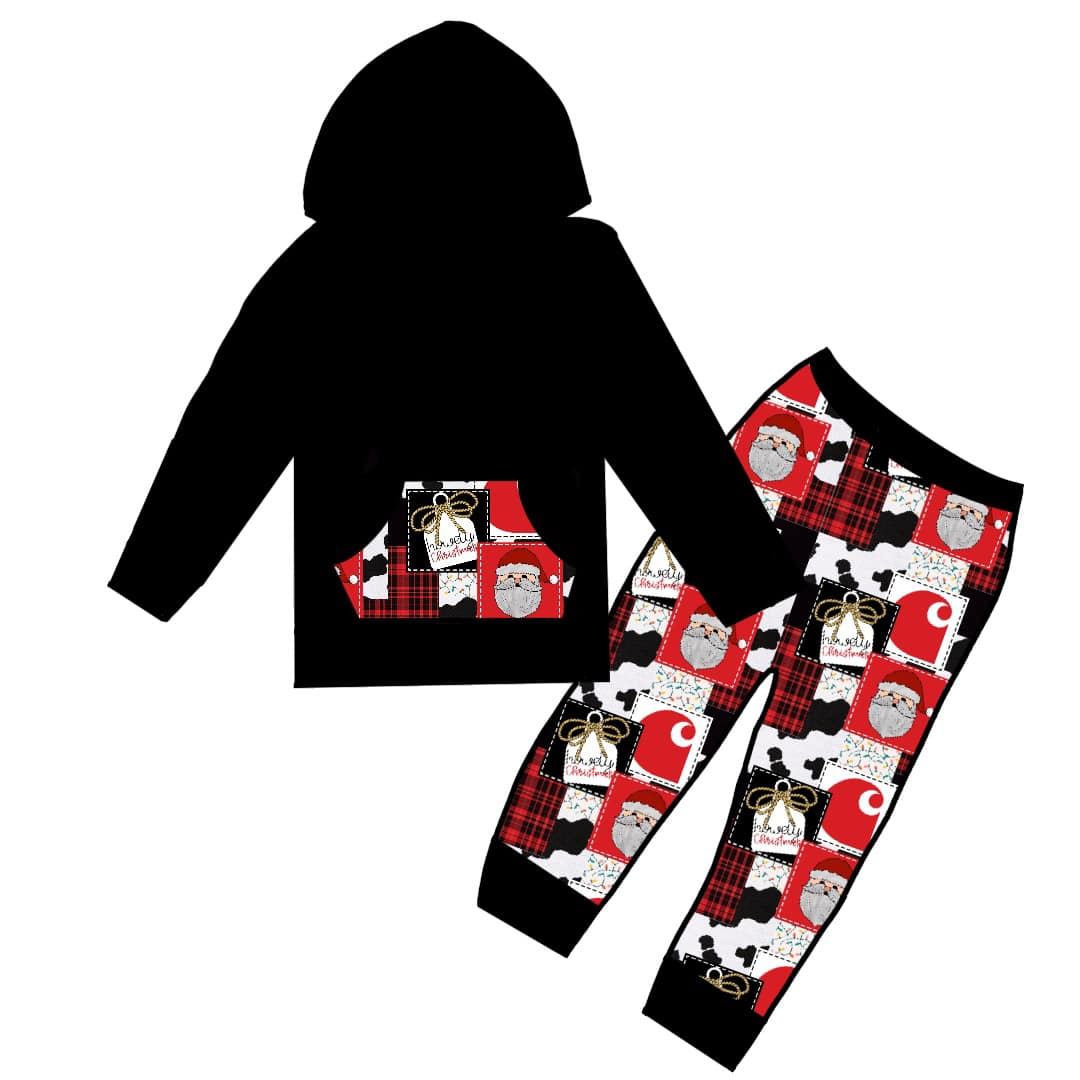 Custom moq 3 eta 6-8 weeks Black Hooded Polo Shirt and Santa Claus Gift Box Pants Set