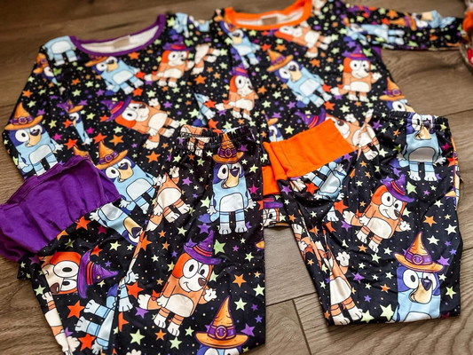 RTS NO MOQ purple and orange Character long sleeves and long pants pajama set