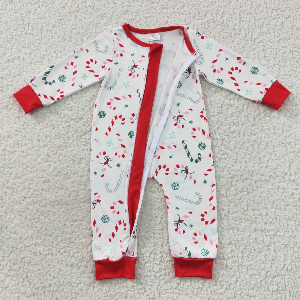 LR0506 Candy Cane Red Trim White Zipper Long Sleeve Bodysuit