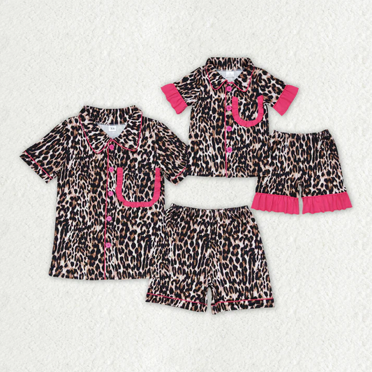 RTS Mommy and Me Mommy Mommy and me Baby Mommy and Me Leopard Pockets Shirts Ruffle Shorts Pajamas Clothes Sets