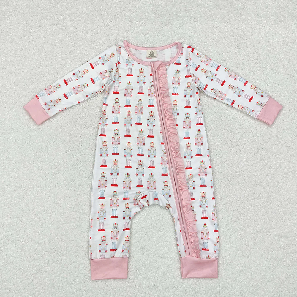 RTS NO MOQ Christmas Soldier Zip Bamboo Long Sleeve Christmas Romper