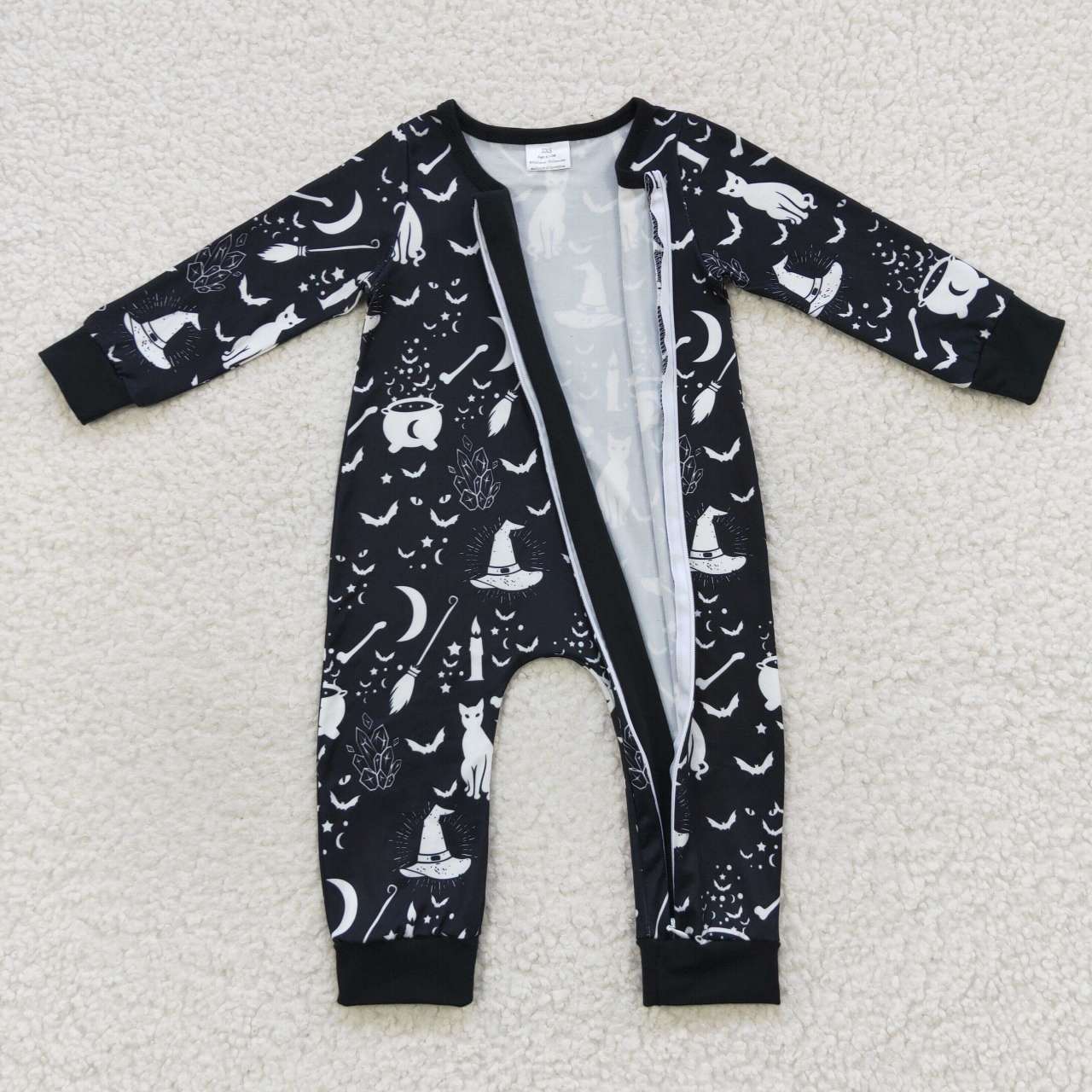 LR0473 Cat Magic Broom Witch Moon Bat Black Zipper Long Sleeve Bodysuit