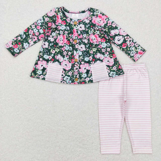 GLP0994 Flower Pocket Green Long Sleeve Pink and White Striped Pants Suit