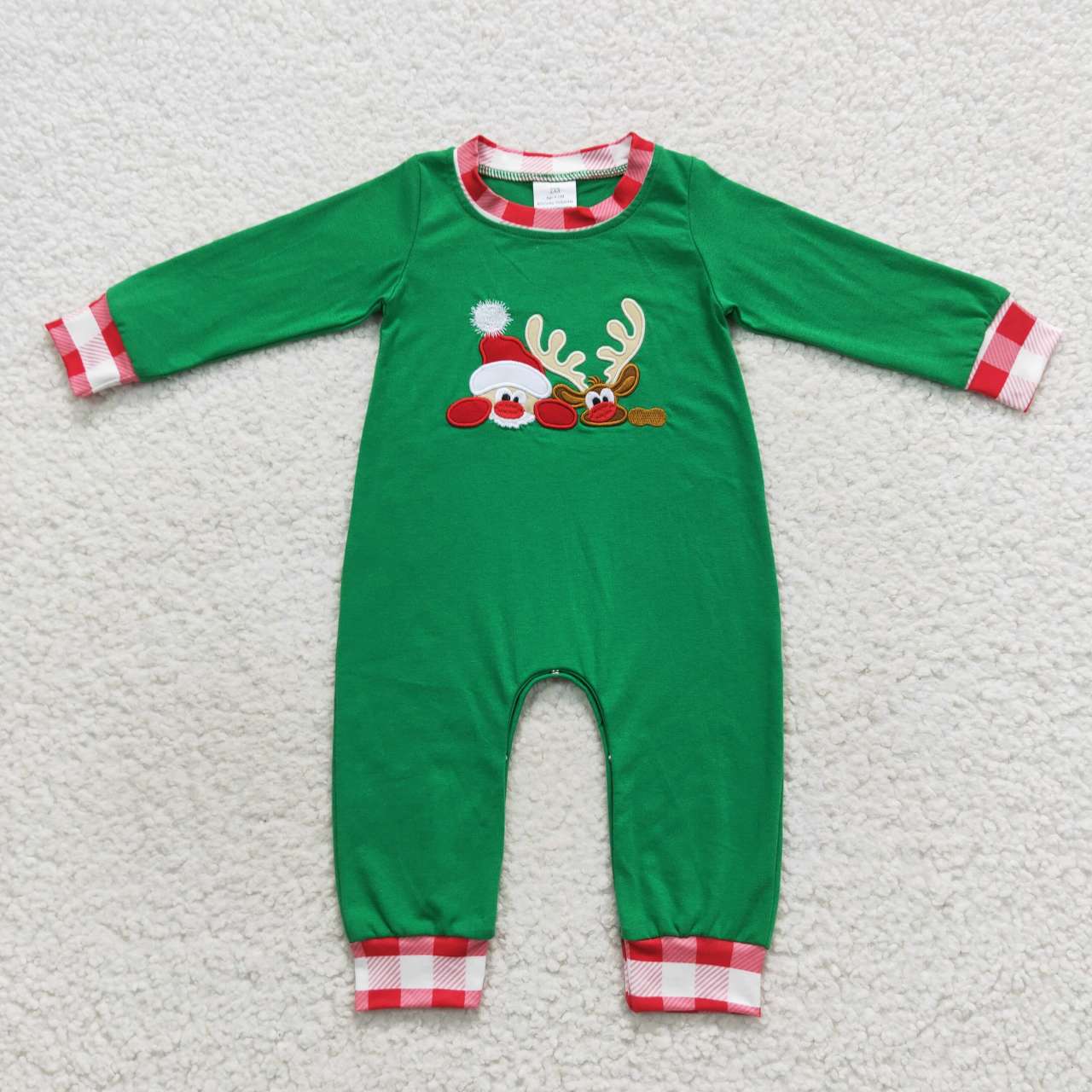 LR0396 Santa Claus Embroidered Reindeer Plaid Green Long Sleeve Bodysuit