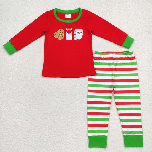 BLP0313 Embroidered Cookie Milk Santa Red Green White Striped Long Sleeve Pants Suit