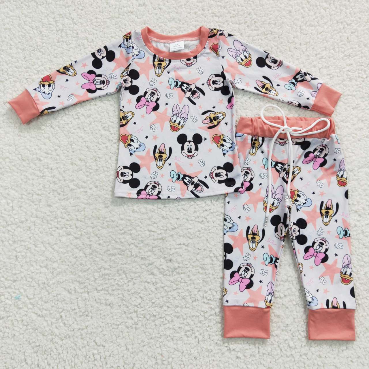 GLP0434 Cartoon Mickey Print Pink Long Sleeve Trouser Set