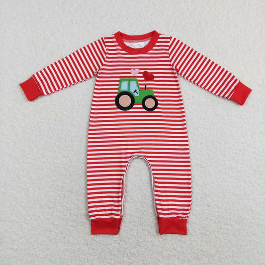 LR0846 Embroidery Love Tractor red and white striped long-sleeved jumpsuit