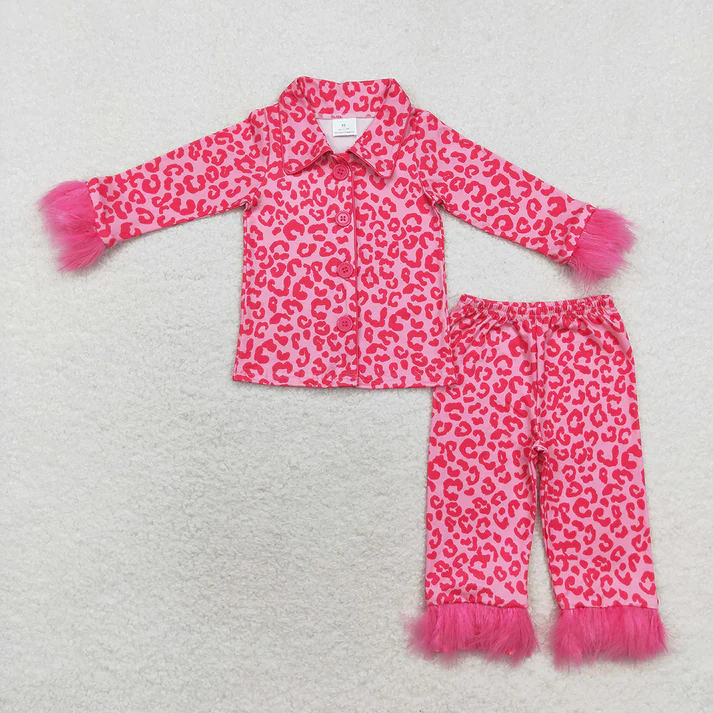 RTS NO MOQ  Mommy and Me Dark Pink Leopard Buttons Fur Pajamas Clothes Sets