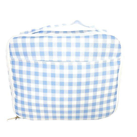 Blue and white plaid lunch box bag