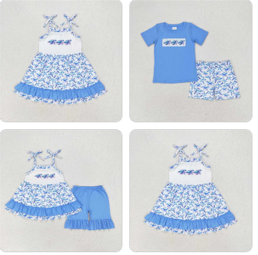 RTS RTS NO MOQ GSSO1241  GSD1233 BSSO0916 Embroidered turtle blue lace white suspender shorts set match clothing