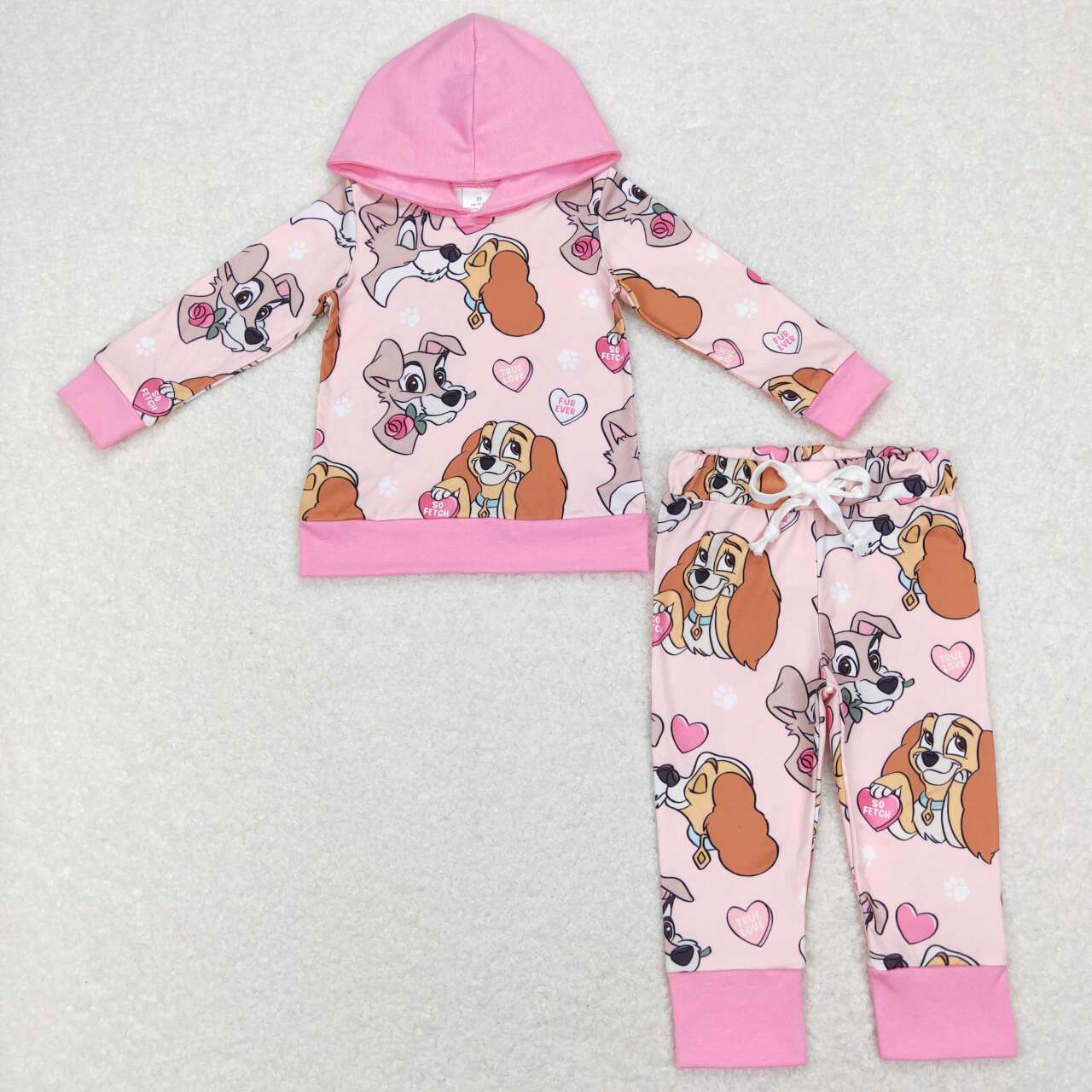 GLP1133 Cartoon Puppy Love Pink Hooded Long Sleeve Pants Suit