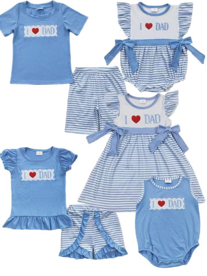 Girls Embroidered Heart DAD Blue Fly Sleeve Dress Sibling Sister Clothes Sets