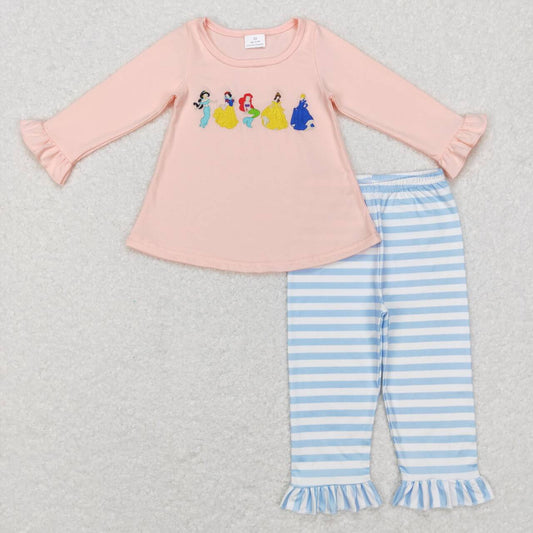 GLP0859 Embroidered Disney Princess Pink Lace Long Sleeve Blue and White Striped Pants Suit