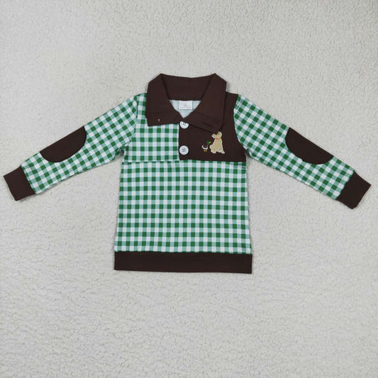 BT0301 Mallard puppy green white plaid brown zipper long sleeve top