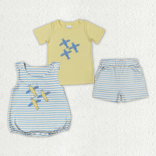 RTS Airplane embroidery suits and romper suits Baby Boys Planes Sibling Rompers Shorts Clothes Sets