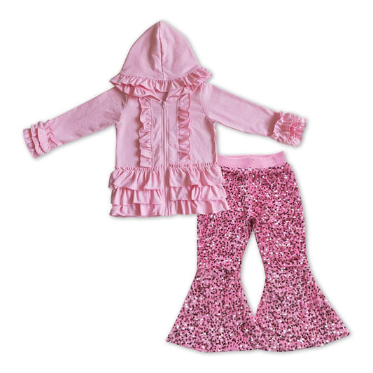 D5-27 rose red sequined bell-bottom pants+GT0021 Girls Pink Hooded Zip Long Sleeve Jacket