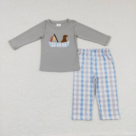 BLP0350 Embroidered Puppy Fishing Blue Plaid Long Sleeve Pants Suit