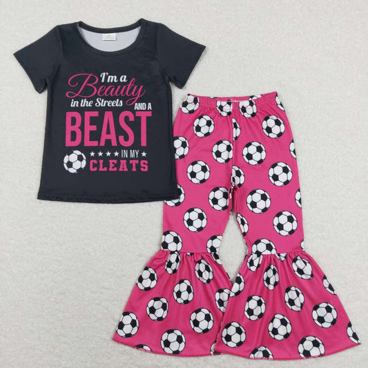 GSPO1262 beauty beast letter black short sleeve football rose red trousers suit