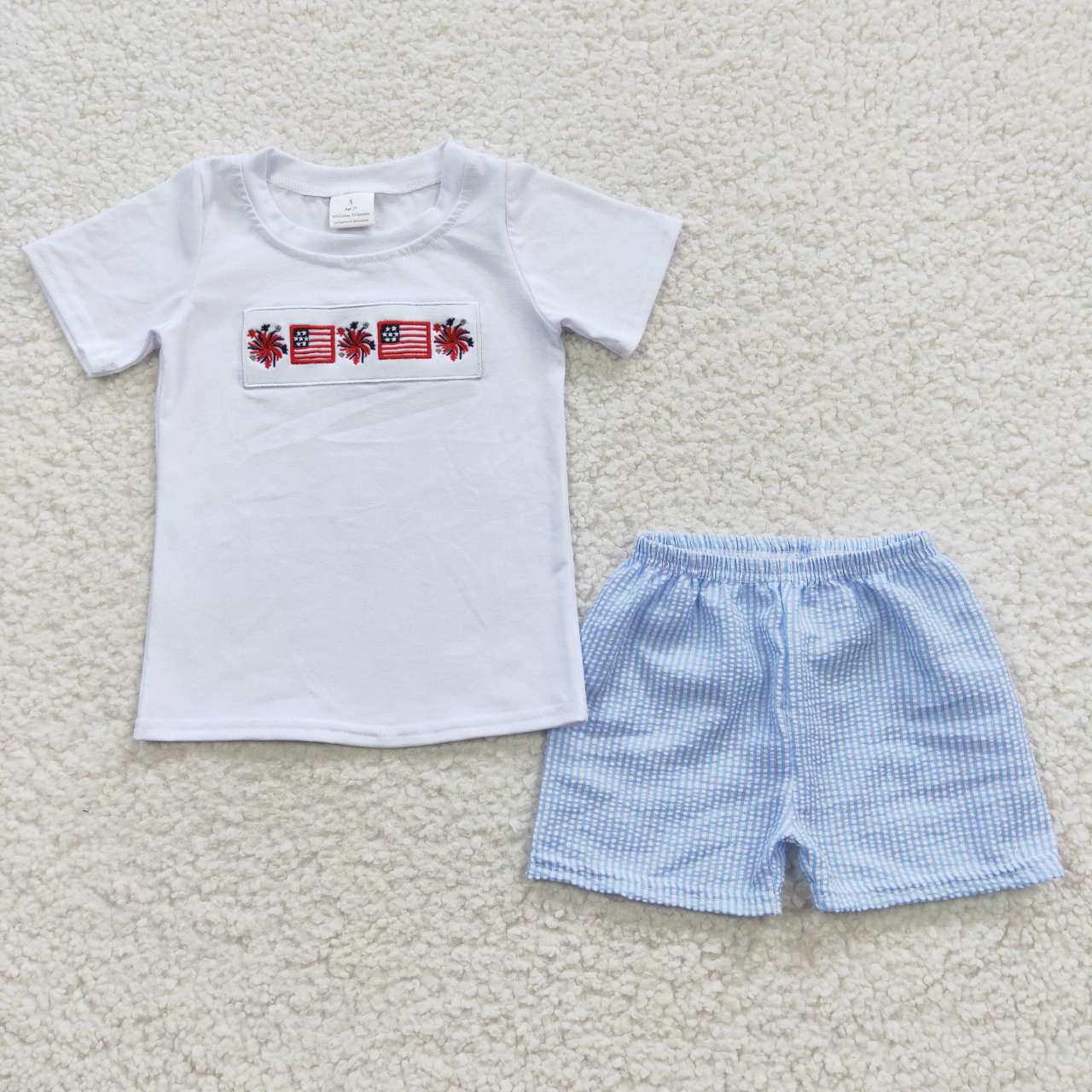 BSSO0253 Boys Embroidered National Day National Flag White Short Sleeve Shorts Set