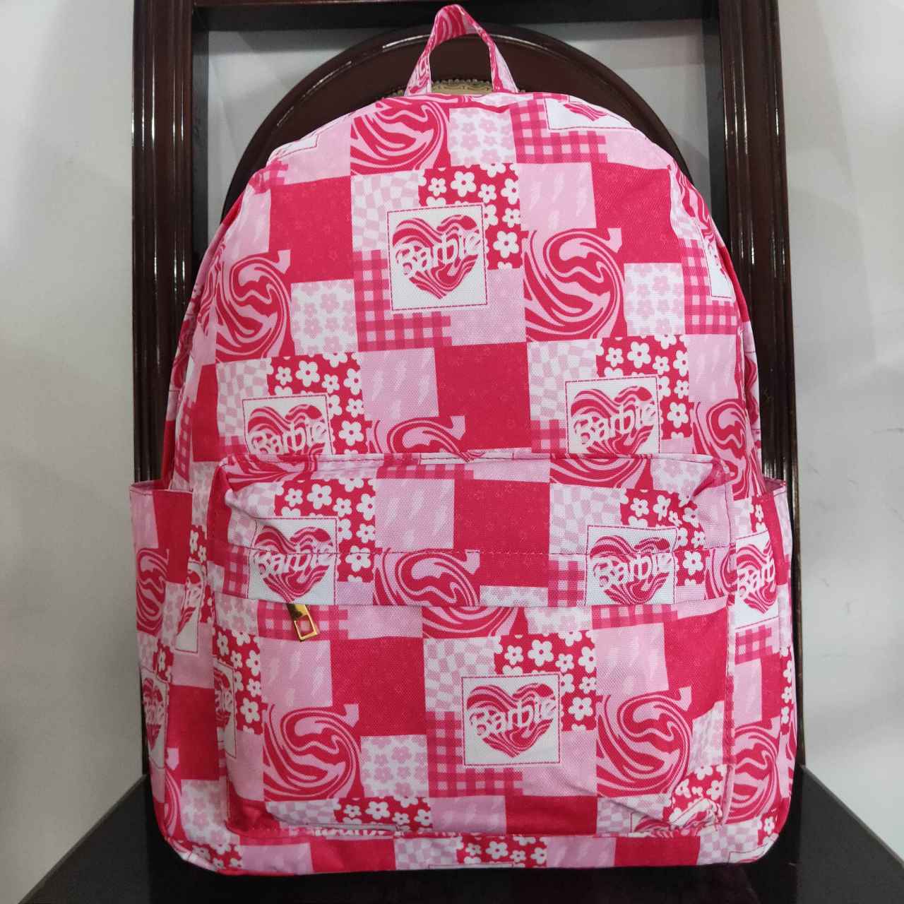 BA0114 barbie flower rose pink plaid backpack