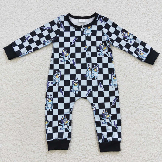 LR0303 Cartoon dog plaid zipper long sleeve jumpsuit-LR0303