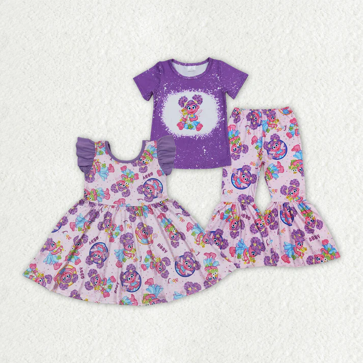 RTS Baby Girls Purple Big Eye Short Sleeve Sibling Dresses Sister Clothes Sets