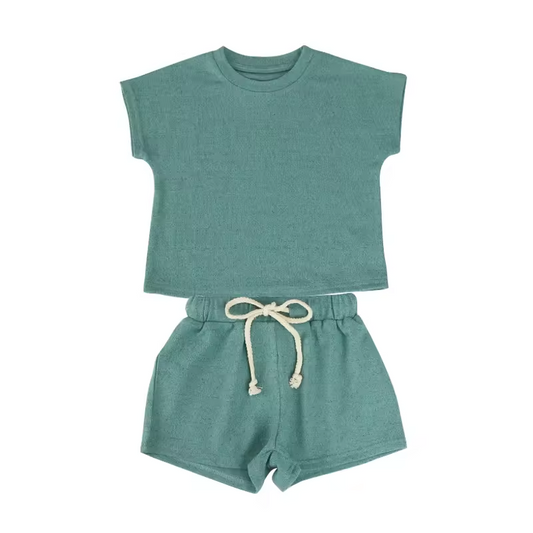 custom moq 3 cotton fabric eta 5-6week Cotton  teal green color sets  summer dress   Shorts Set