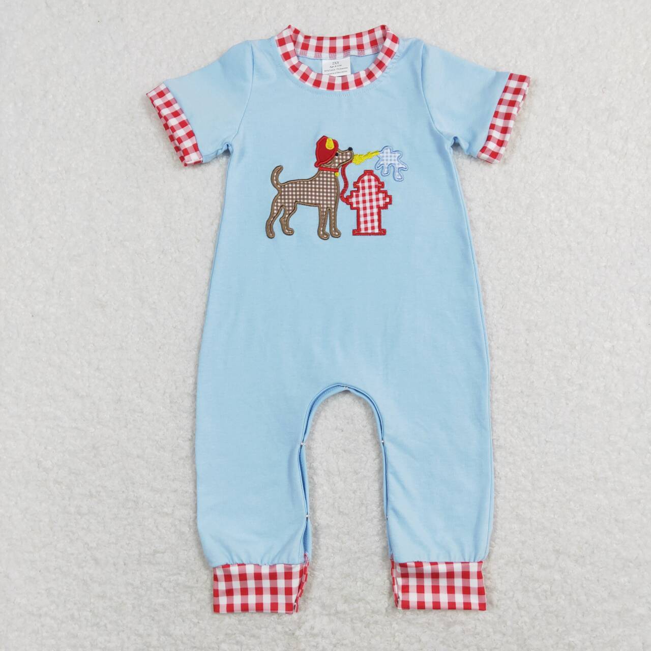 SR0664 Embroidery puppy fireman red and white plaid edge blue short-sleeved jumpsuit