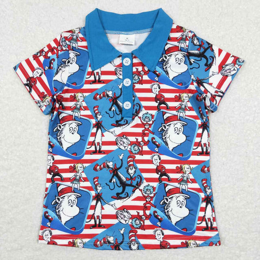 BT0483 dr seuss red and white striped blue collared button-down short-sleeved top