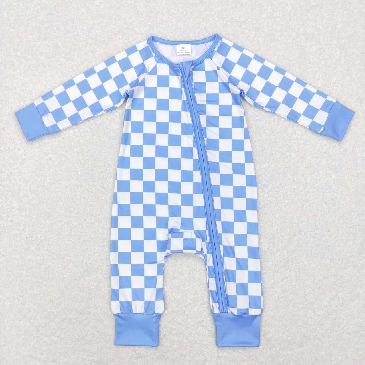 LR0811 Blue and white plaid zippered long-sleeved jumpsuit