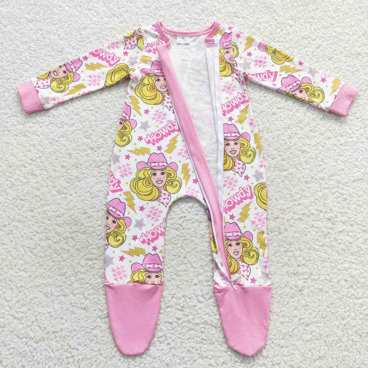 LR0545 howdy barbie star lightning powder white zipper long-sleeved jumpsuit