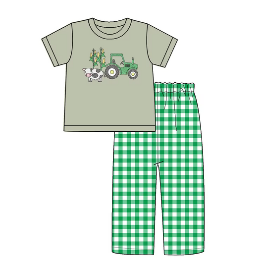 Tractor Cow Green Boys and Girls Matching Clothes Set custom moq 5 ets 5-6weeks