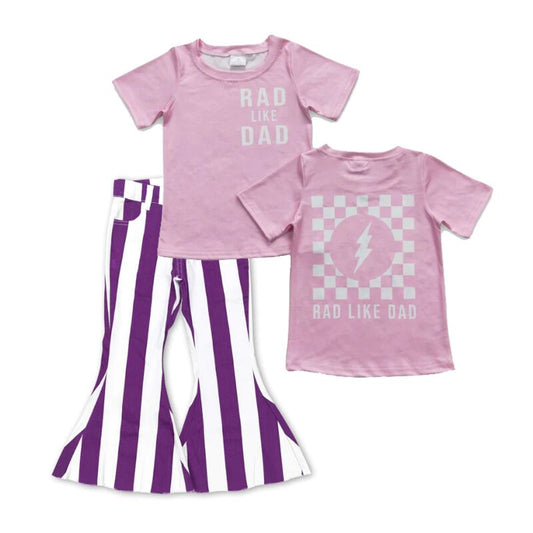 P0331 Purple and white striped denim trousers+GT0309 rad like dad letter lightning plaid pink short-sleeved top