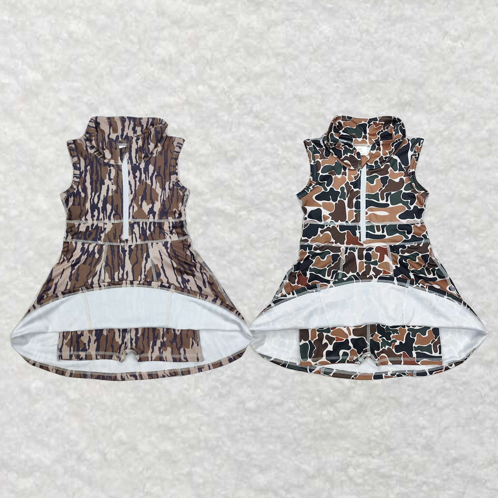 RTS NO MOQ GSD1383 Military green camouflage zipper yoga sleeveless dress