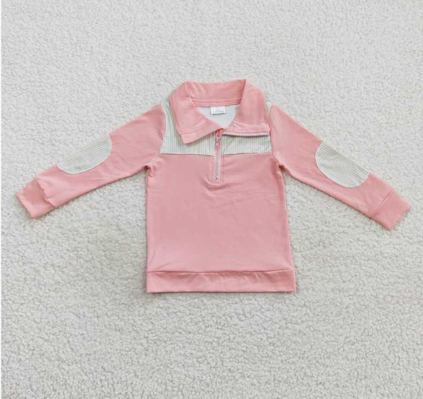 BT0288 Green Striped Pink Zip Long Sleeve Top