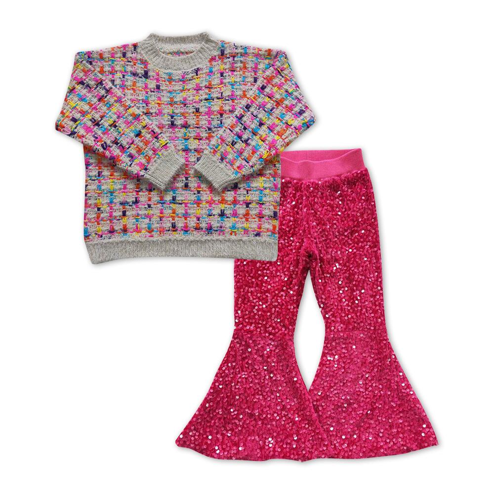 P0112 Rose sequined trousers +GT0302 Colorful sweater long sleeve top