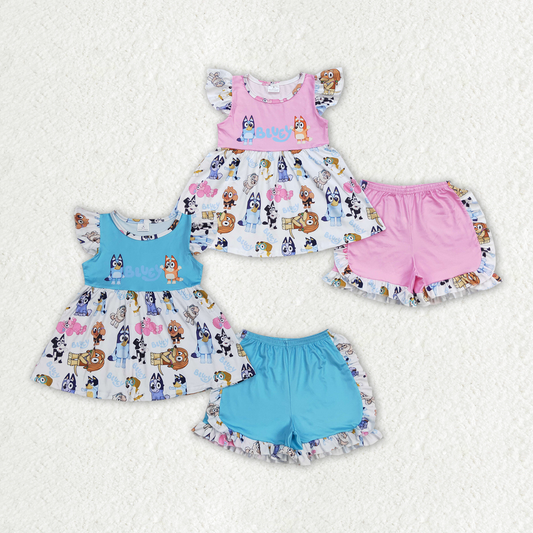 GSSO0387 GSSO0388  bluey cartoon pink and white short-sleeved shorts suit