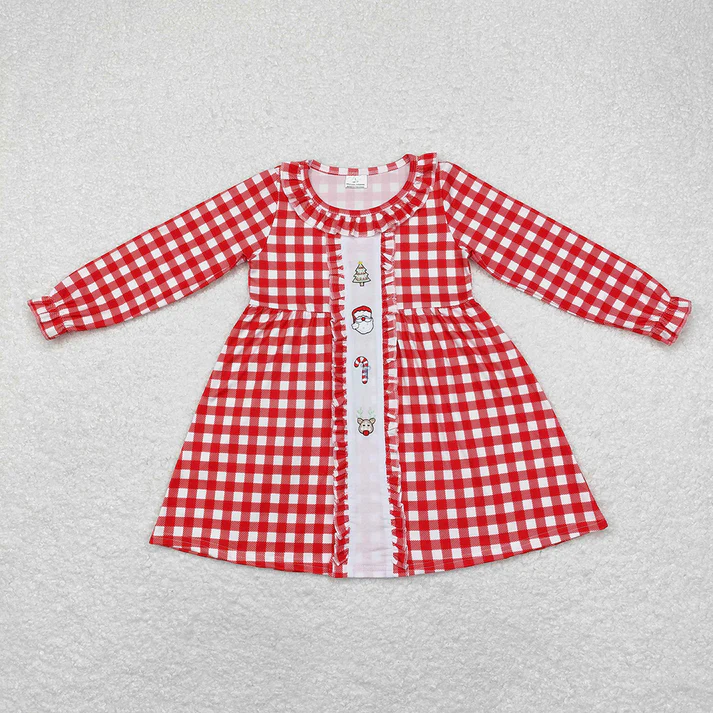 RTS NO MOQ Shipping time 5-7days embroidery Checkered Santa Christmas Sibling Rompers Dresses Clothes Sets