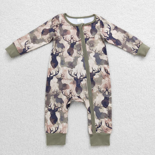 LR0662 Elk Army Green Camouflage Zip Long Sleeve Jumpsuit